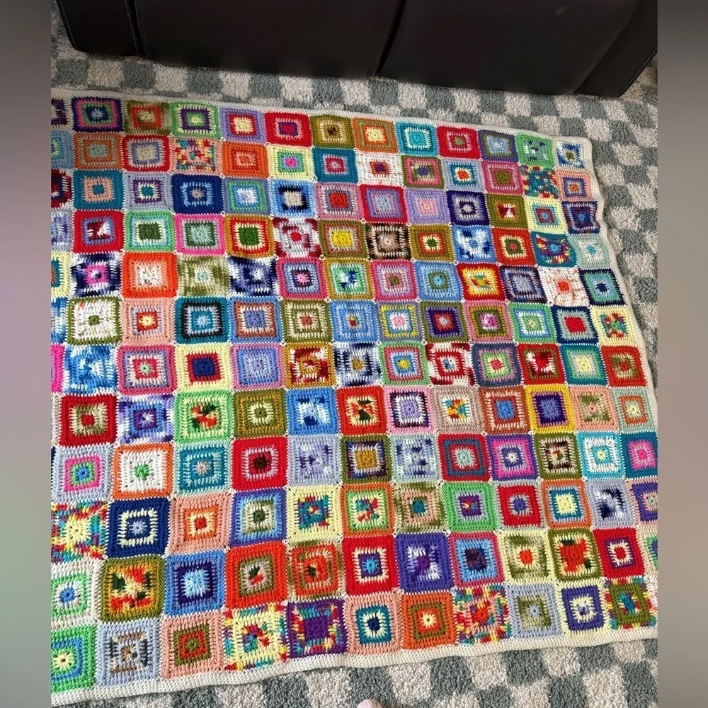 VTG Granny Square Blanket Afghan Crochet Hand Made Patchwork Multi Color Amish